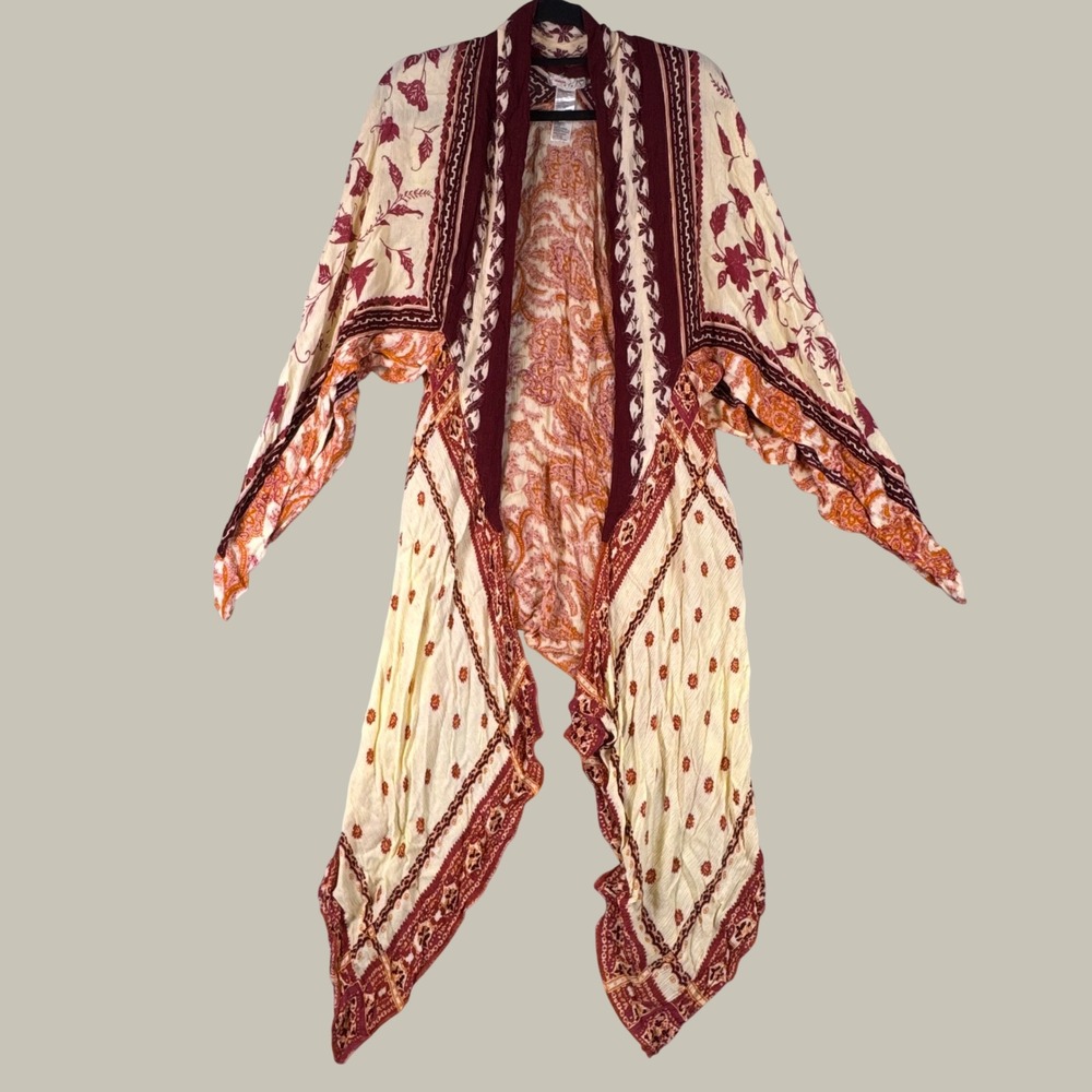 Free People Kiss the Sky Butterfly Kimono Burgundy Floral Paisley Wrap OS